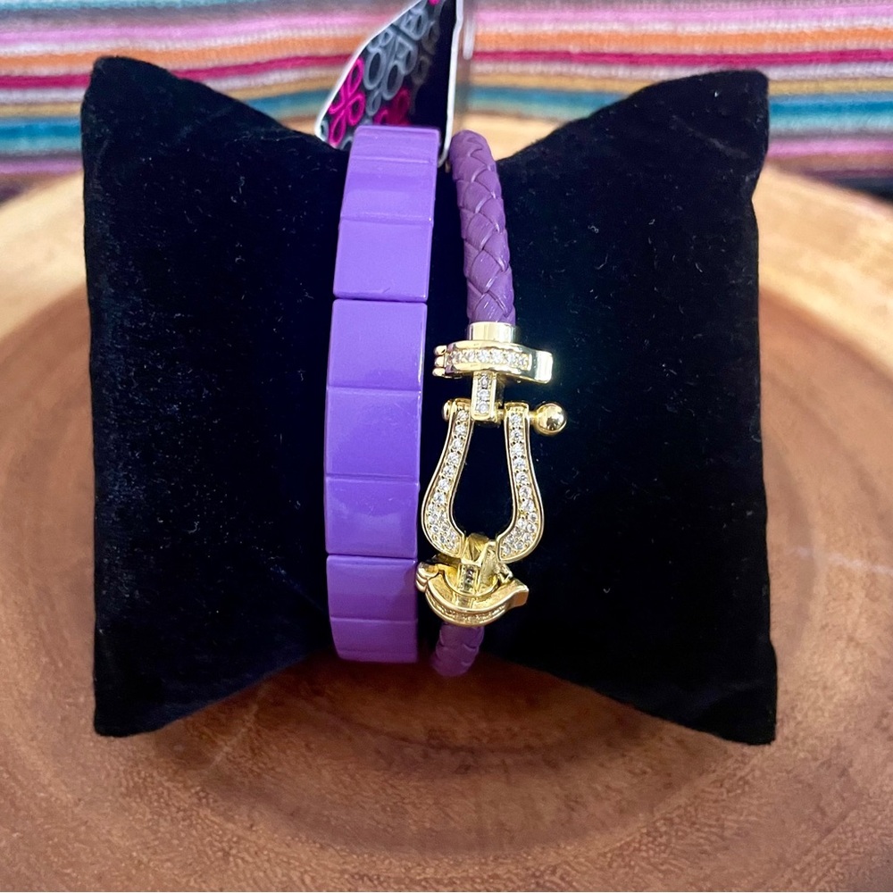 Purple Stretch Bangle and Braided Purple, Gold, and CZ Horsebit Bracelet Stack